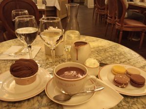 Hot chocolate, Macarons and Mont Blanc dessert at Angelina